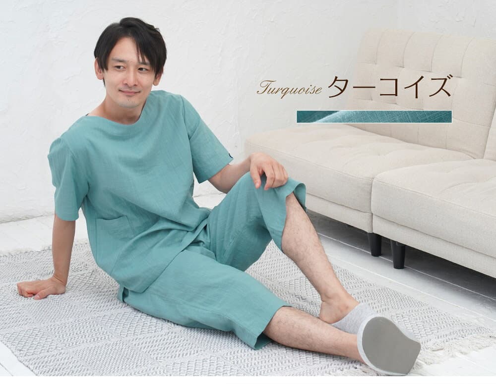 【閉店感謝祭】パジャマ メンズ 綿100％ ダブルガーゼ 日本製 半袖 五分袖 七分丈 かぶり 無地 夏用 ルームウェア 上下セット 入院 ギフト 敏感肌にやさしい 大きいサイズ S M L LL 3L 4L 5L thumbnail 3