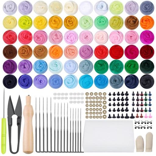 羊毛フェルト、ニードルフェルトキット初心者羊毛セット、羊毛スターターキット、60色の羊毛氈、きウールツールときウールフ羊毛ニードルフォームマット、Diy用ニードル用品