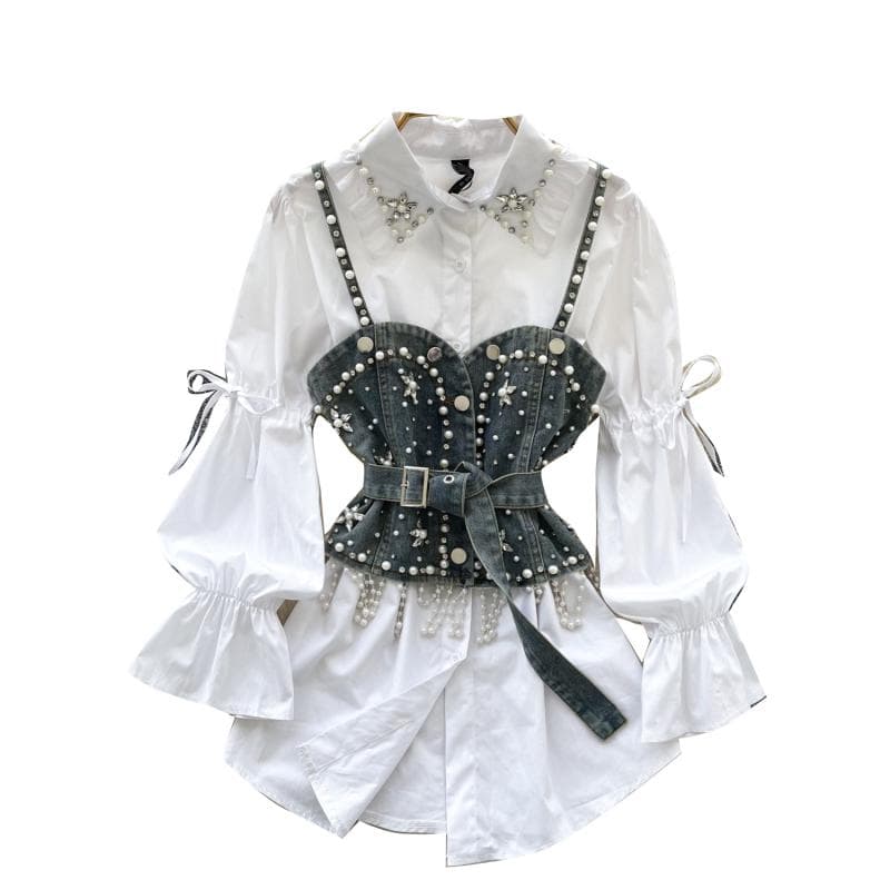 セットアップ レディース 春夏 エイジレス 韓国風 ビジュー装飾 ラインストーン ウエストマーク デニムジレ 長袖シャツ トップス 通勤 オフィス カジュアル 白 黒 伸縮性