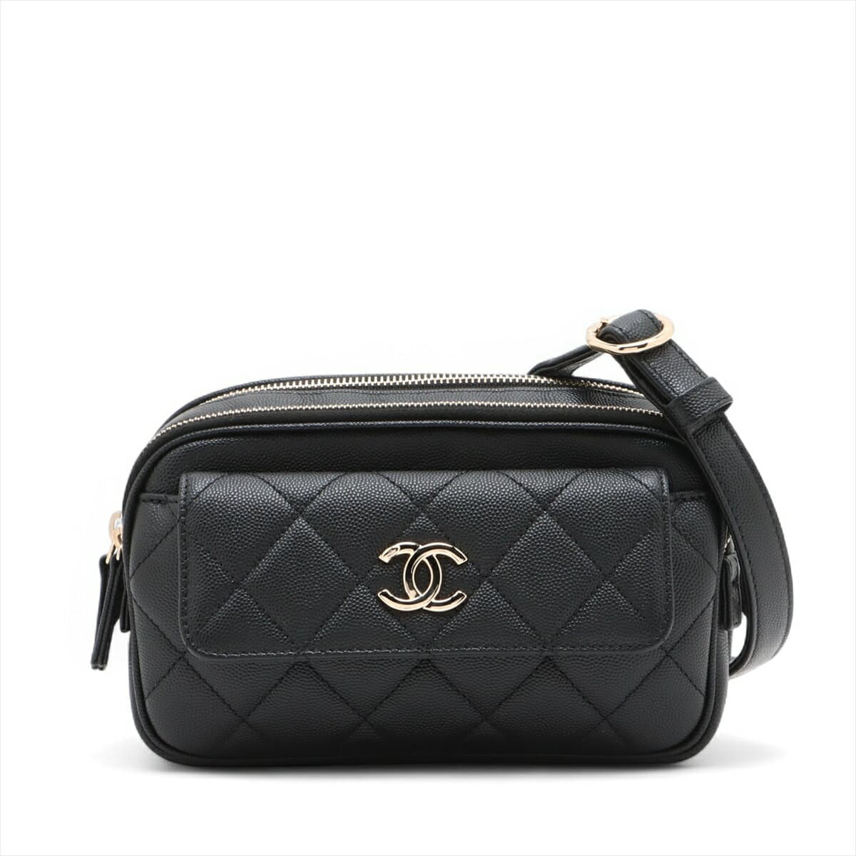 【中古】シャネル マトラッセ キャビアスキン ウエストポーチ ブラック ゴールド金具 29番台 AS1370