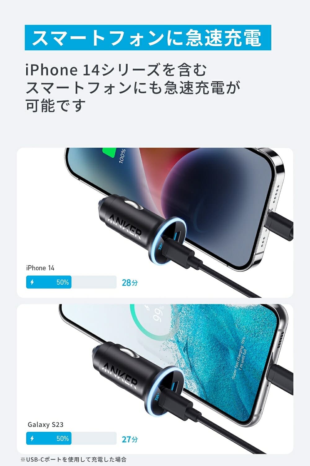 Anker 323 Car Charger (52.5W) with USB-C & USB-C ケーブル (USB PD対応 52.5W 2ポート USB-C カーチャージャー USB-C & USB-Cケーブル付属) 【PowerIQ 3.0搭載 / コンパクトサイズ】iPhone 14 / 13 Galaxy Android thumbnail 2