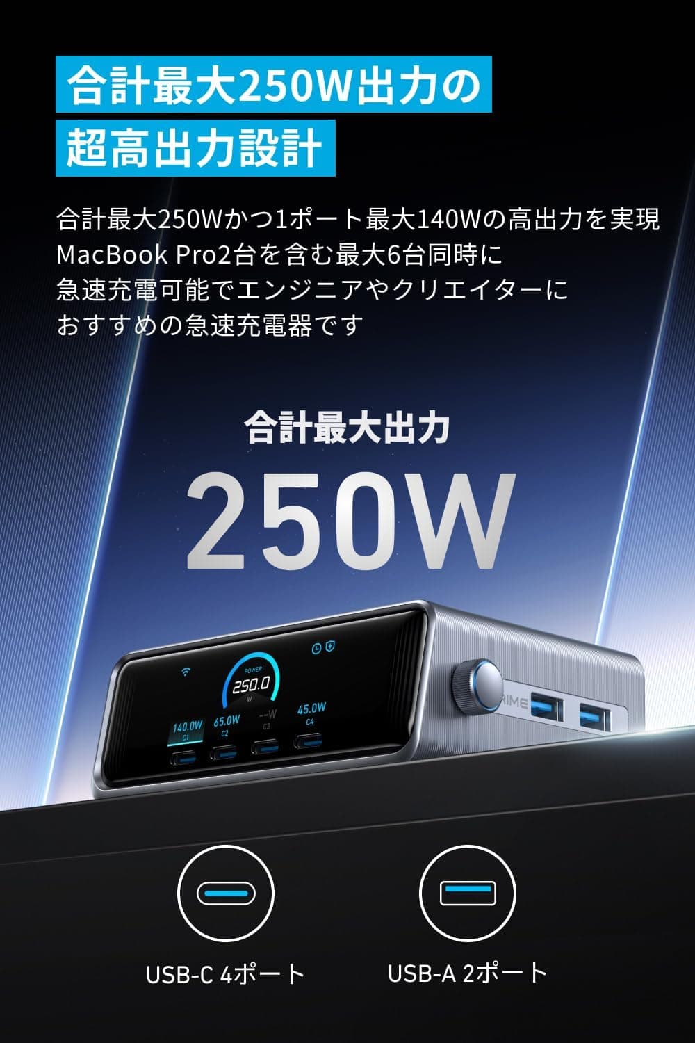【期間限定セール実施中 10/9まで】Anker Prime Charger (250W, 6 Ports, GaN) (USB PD 充電器 USB-A & USB-C) iPad iPhone MacBook Android スマートフォン ノートPC 各種 その他機器対応 thumbnail 3