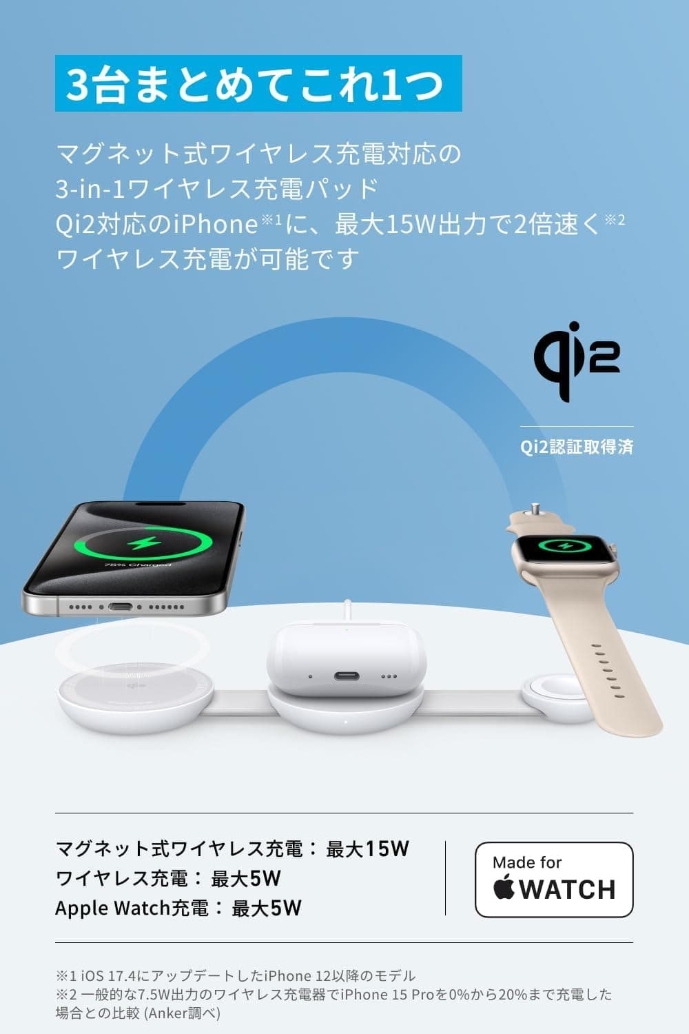 【期間限定セール実施中 10/9まで】Anker MagGo Wireless Charging Station (3-in-1, Foldable Pad) Qi2対応 マグネット式 3-in-1 ワイヤレス充電ステーション/ワイヤレス出力/Apple Watchホルダー付 MagSafe対応 iPhone 15 / 14 / 13 thumbnail 2