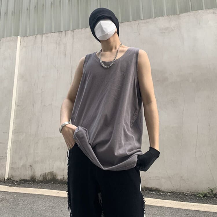 【送料無料】タンクトップ ロング 長さ75cm M-4L メンズ ロングタンクトップ タンク インナー 夏服 ダメージ ゆったり トップス 夏 タンクトップ 長め 無地 ネイビー 紺 ブラック ホワイト グレー 黒 白 安い thumbnail 2
