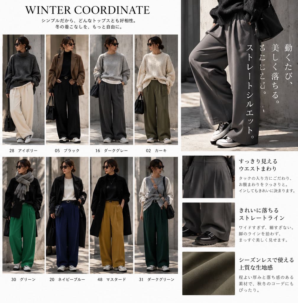 気づけば、こればかり。タックパンツ パンツ レディース ロング 無地 ゆったり ストレッチ ジョーゼット きれいめ 高級感 美脚 足長効果 細見え 体型カバー 大きいサイズ 低身長 高身長 特別送料無料 ・再入荷 (500)メール便可 thumbnail 2