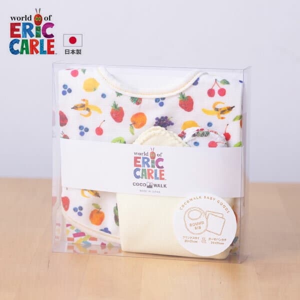 ミニギフトBOX　はらぺこあおむし　フルーツ　果物　くだもの　日本製　出産祝い　ベビーギフト　ギフトセット　ラウンドスタイ　スタイ　よだれかけ　ビブ　ガーゼハンカチ　3点セット　ココウォーク　COCOWALK
