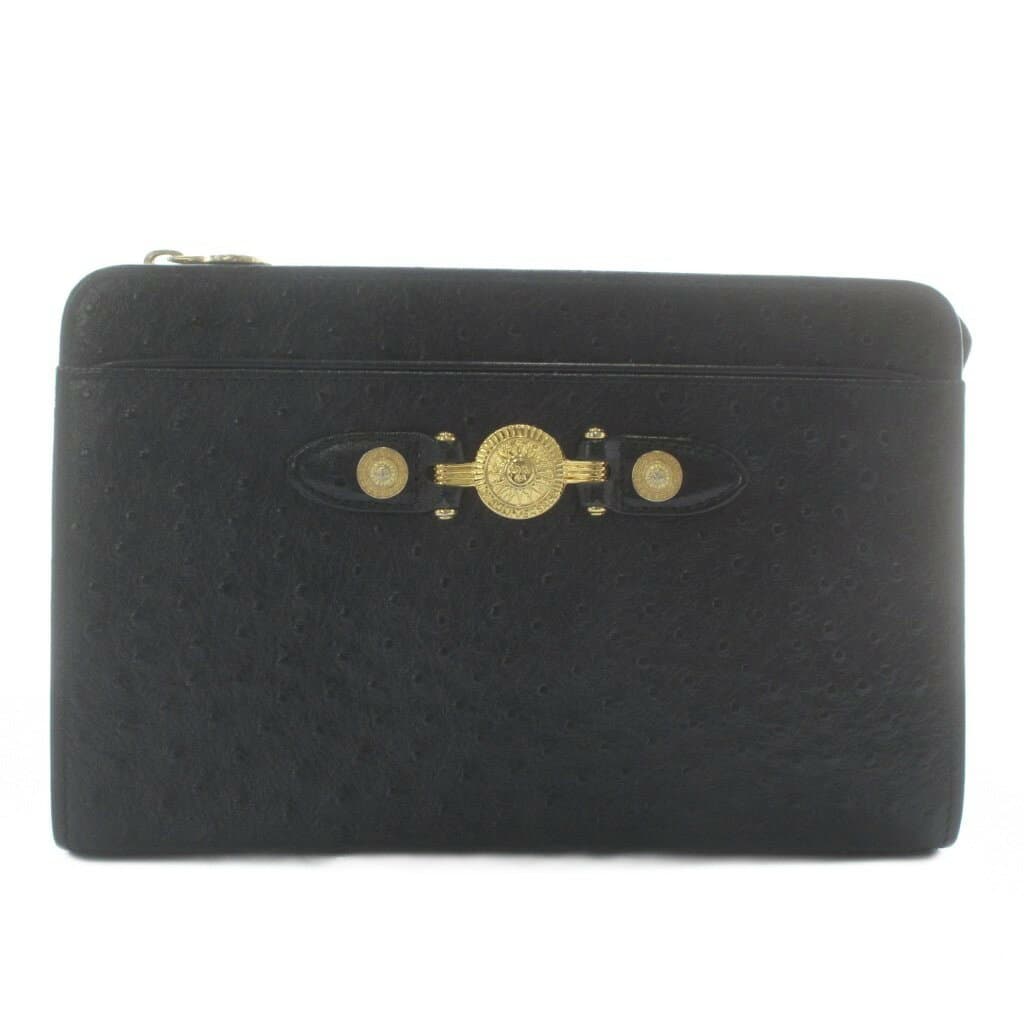 【中古】ジャンニヴェルサーチ ヴェルサーチェ GIANNI VERSACE クラッチバッグ セカンドバッグ レザー オーストリッチ型押し サンバースト ゴールド金具 黒 ブラック /XZ ■GY18 レディース 【ベクトル 古着】 260110