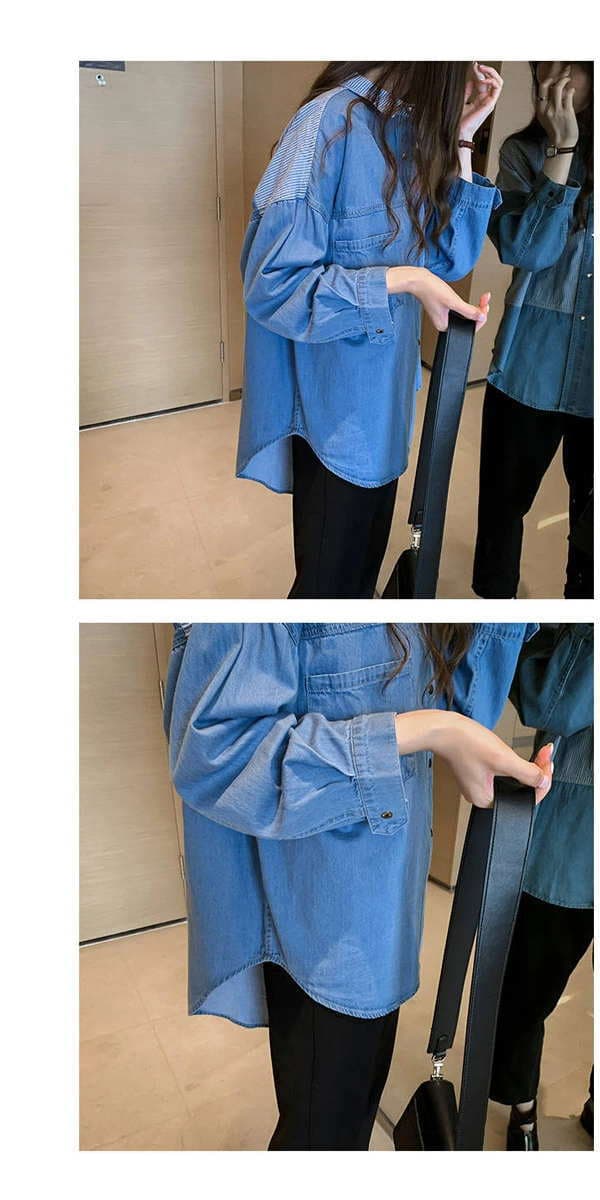 即納あり！パッチワーク デニム シャツブラウス レディース ロング丈 ストライプシャツ ブラウス ドロップショルダー カジュアル ビックシルエット トップス アウター 大きいサイズ オーバーサイズ 体型カバー ゆったり ロング お洒落 おしゃれ 長袖 可愛い チュニック thumbnail 3