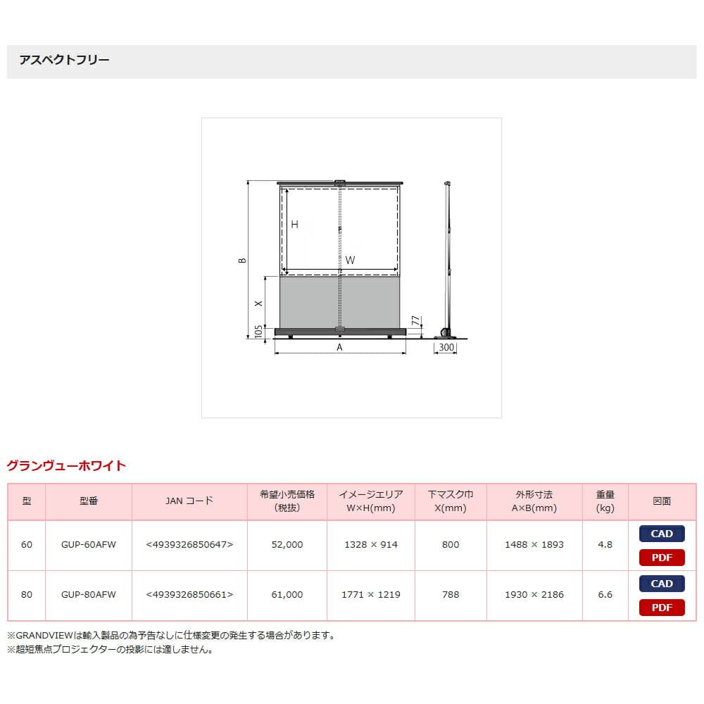 【代引き不可】KIKUCHI　GUP-60AFW　立ち上げ式モバイルスクリーン　キクチ　床置きタイプ　GRANVIEW