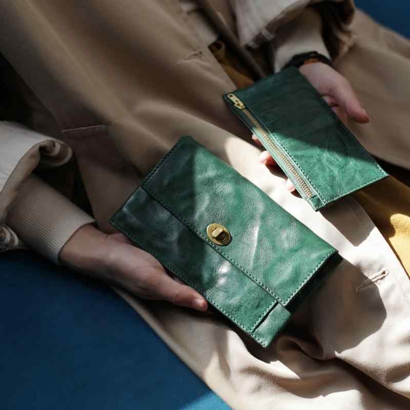 小銭入れ カードケース クラッチバッグ 普段使い 財布 長財布 レザーsaizfu オニオン ウッド レトロ グリーン ラッキー レザー ロング バックル ウォレット 社交 界 ハンドバッグ カード ホルダー シンプル レディース 薄型