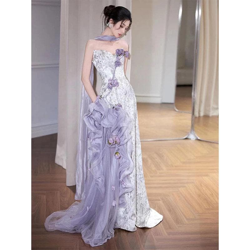 エレガント 肩出し 美しいシルエット 華やかドレス ドレス　パーティー　レディース 女性用 紫色の チューブ トップ イブニングドレス 軽量で 高級 ホスト フラワー ウェディング バンケット 花嫁 トースト ドレス