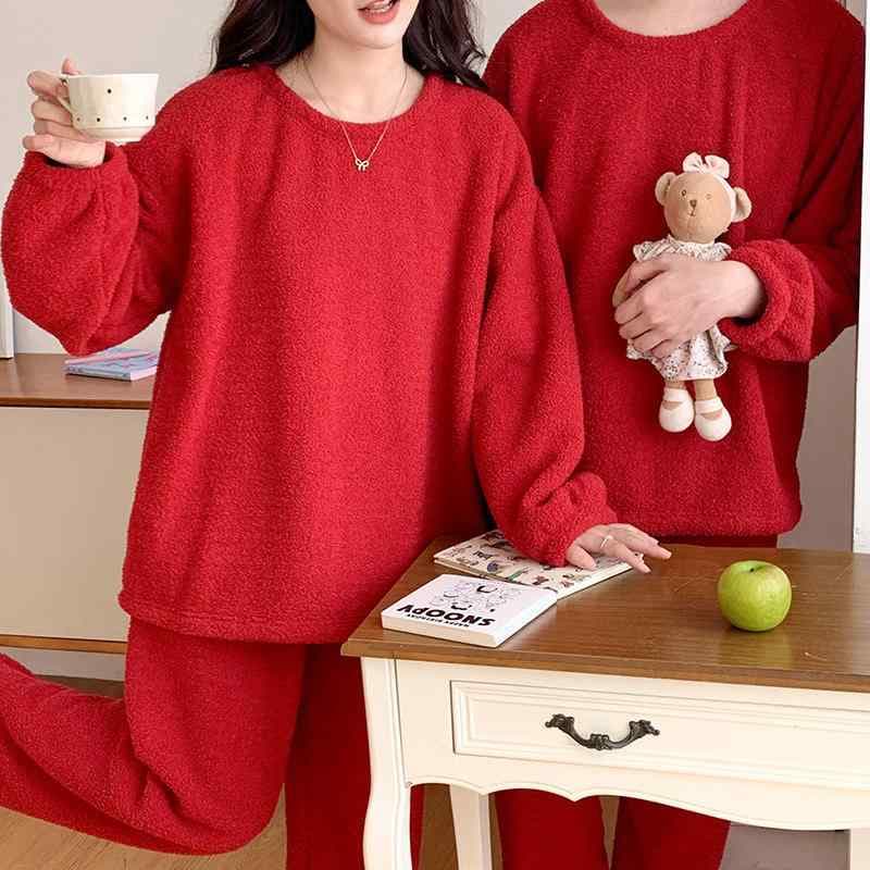 ルームウェア 肌に優しい 暖かい 　パジャマ　レディース　上下 赤い 冬 カップル パジャマ レディース ハーフ エッジ ベルベット 大きいサイズ 200ポンド 結婚と 新婚 メンズ 暖かい 家 着