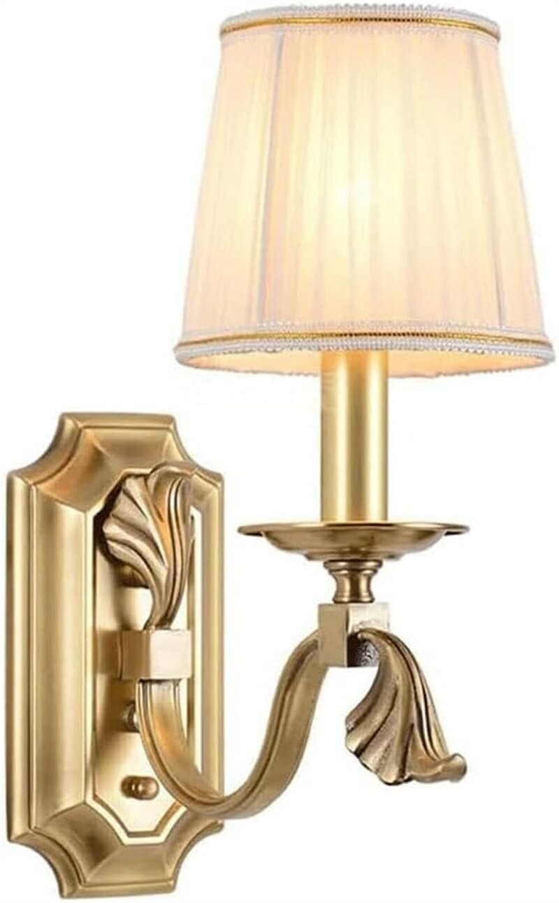 ブラケットライト 壁掛け式器具、北欧風オール銅製ウォールライト、クリエイティブファブリックランプシェード、E14ベースヘッドウォールランプ、ベッドサイド A