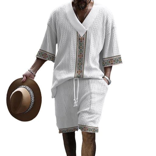 [Anmurye]ジャージ上下セットメンズプリント模様夏服半袖Tシャツカットソー+ショートパンツカジュアルVネックビッグサイズ快適ウエスト調整可能無地通気上下スウェットホワイト半袖(ボ…