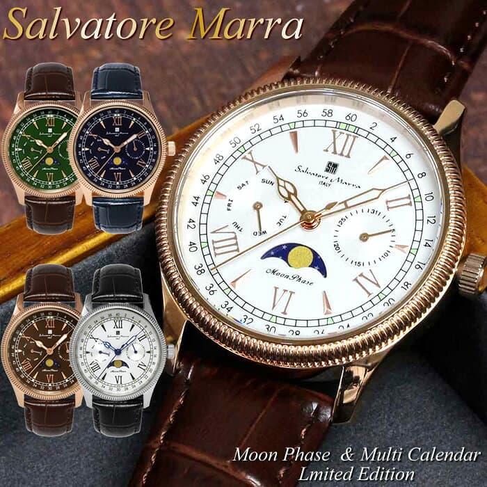 【マラソンセール】【半額以下】Salvatore Marra サルバトーレマーラ ムーンフェイズ 腕時計 38mm メンズ レディース 限定モデル 革ベルト レザー ブランド クラシック ギフト プレゼント ウォッチ SM24110