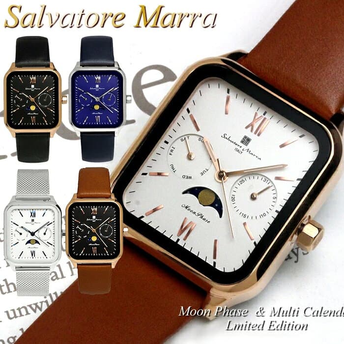 【マラソンセール】【半額以下】Salvatore Marra サルバトーレマーラ ムーンフェイズ 腕時計 メンズ スクエア 角型 限定モデル 革ベルト レザー メッシュベルト ブランド クラシック ギフト プレゼント ウォッチ SM24112