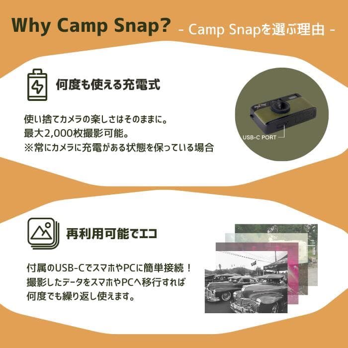 キャンプスナップ カメラ Camp Snap Camera CS-V105- 全8色 スクリーンレスカメラ コンパクトカメラ フィルムカメラ トイカメラ 子供用カメラ デジタルカメラ 充電式カメラ ギフト プレゼント 旅行 思い出 操作簡単 カスタムフィルター可能 送料無料 1年保証 thumbnail 3