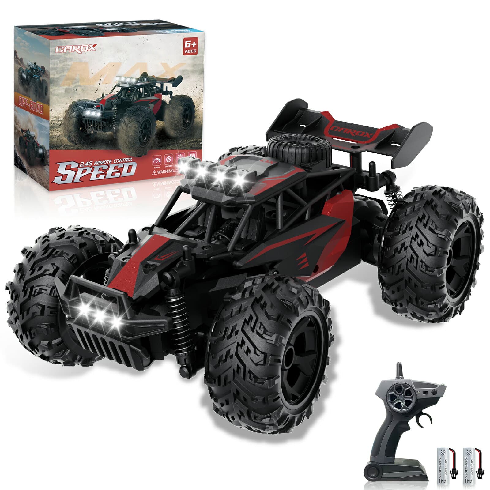 Carox ラジコンカー オフロード 高速25KM/H 速い 1/18RCカー 充電式バッテリー2個付き 操作時間約50分 リモコンカー 独立サスペンション 2.4Ghz LEDライト 全地形対応 男の子 子供 小学生 中学生 大人向け 誕生日プレゼント クリスマス こどもの日 贈り物 レッド OX44