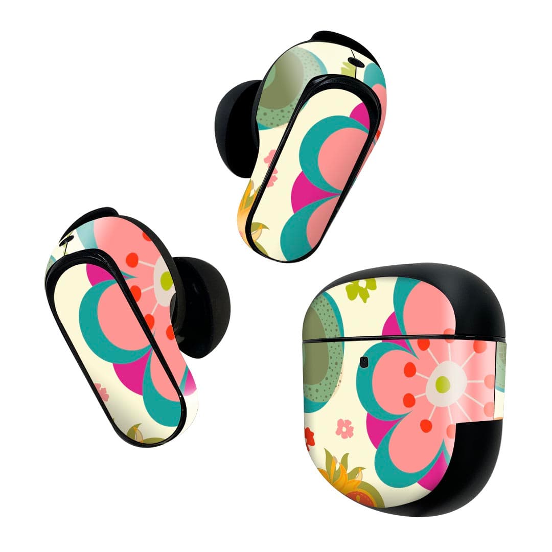 Bose QuietComfort Earbuds II 用 スキンシール ボーズ イヤバッズ2 用　ステッカー　本体3セット ケース1セット 保護 フィルム デコ 花　果物　イラスト 004080