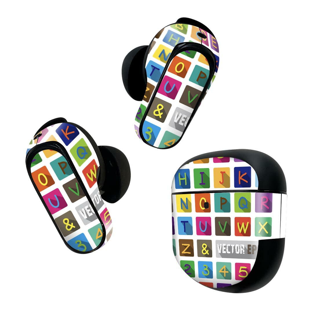 Bose QuietComfort Earbuds II 用 スキンシール ボーズ イヤバッズ2 用　ステッカー　本体3セット ケース1セット 保護 フィルム デコ アルファベット　数字　記号 013199