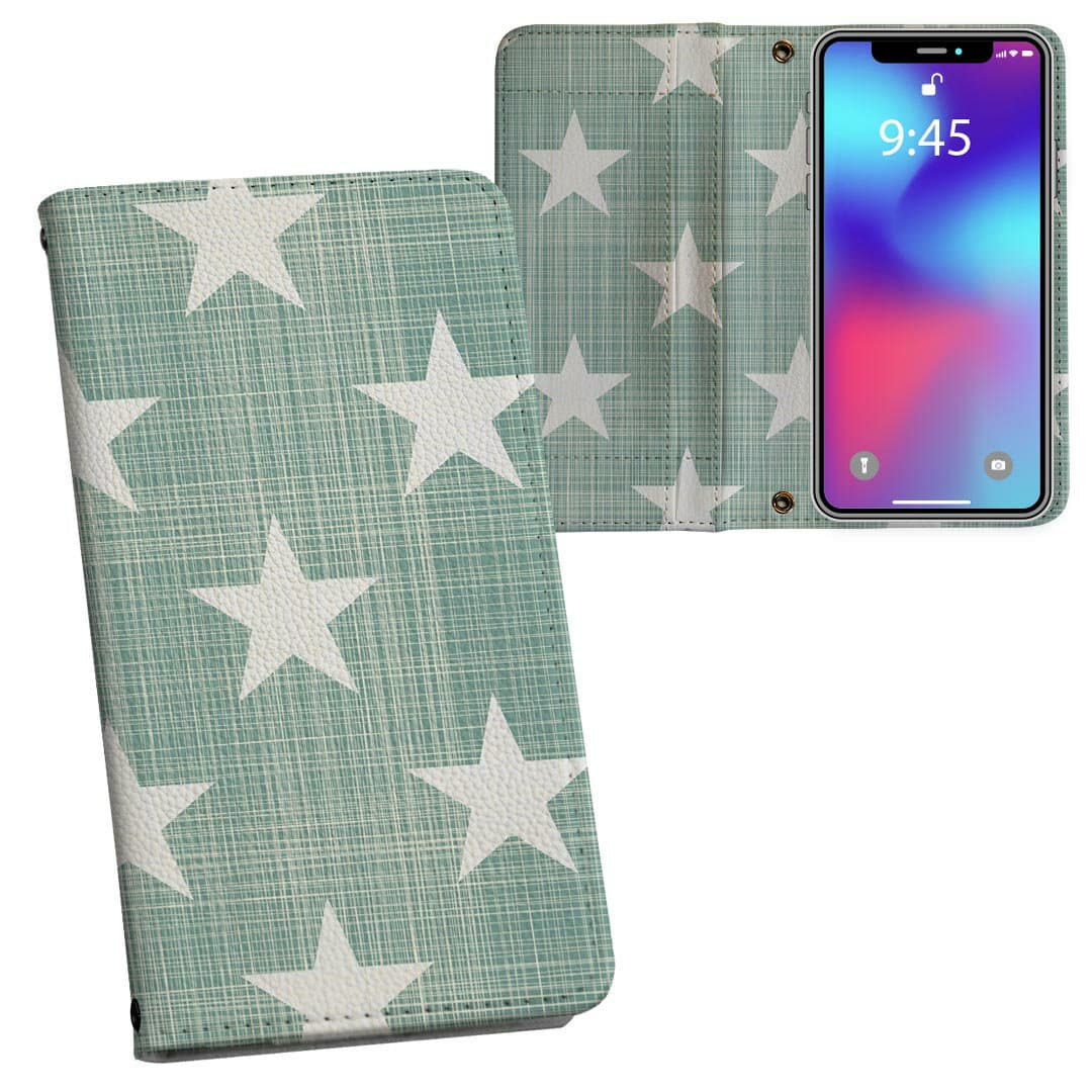 iPhone11 Pro Max 6.5インチ 専用 iphone11pronax アイフォン softbank docomo au 両面プリント 裏表 内側 内面 スマホ カバー レザー ケース 手帳タイプ フリップ ダイアリー 二つ折り 革 フルデザイン 000249 チェック・ボーダー 星　スター　緑