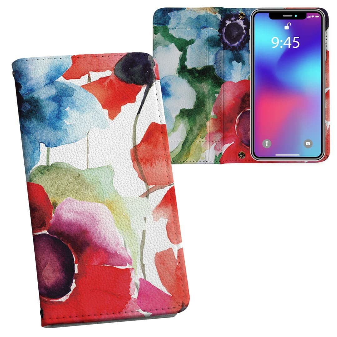 iPhone14 6.1インチ 用 手帳型 内側プリント ケース カバー 各キャリア iPhone 14 共通対応 ケース カバー 手帳型 マグネット式 ピタッと閉まる レザーケース カード収納 ポケット 008095 花　　水彩　赤　ブルー　レッド