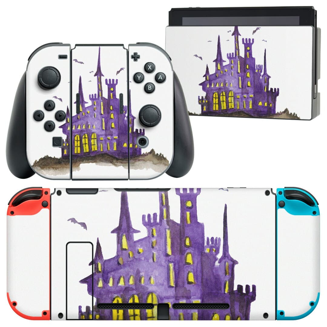 igsticker Nintendo Switch 用 デザインスキンシール 任天堂 ニンテンドー スイッチ 専用 本体ドック Joy-Con Joycon ジョイコン 専用 ゲーム機 カバー アクセサリー フィルム ステッカー 014711 ハロウィン　城　コウモリ