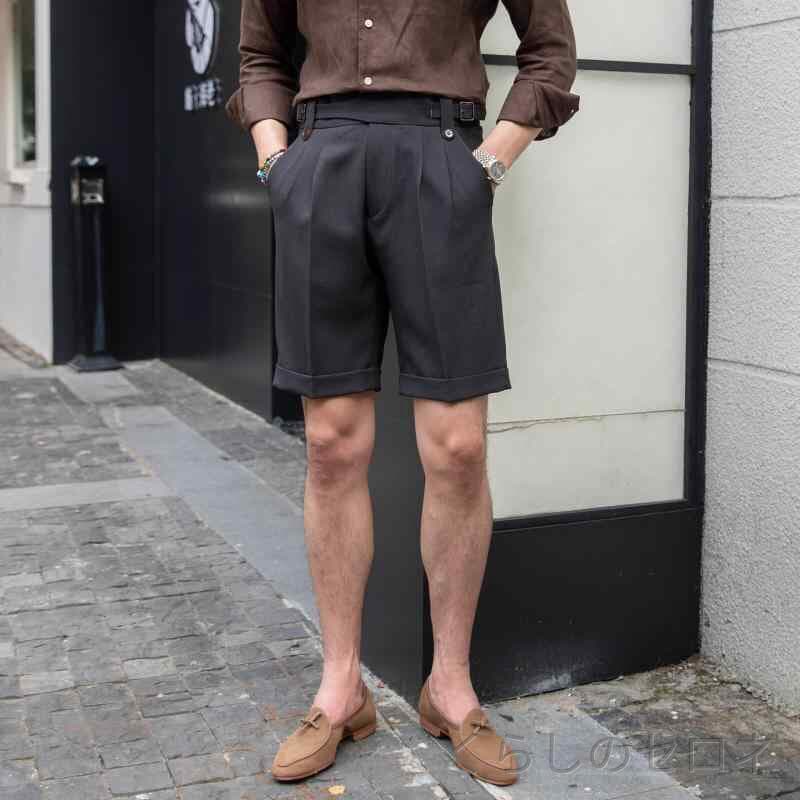 春夏 ショートパンツ メンズ ハイウエスト ストレート ナポリ風 スーツパンツ 通勤 ビジネス 軽量 吸湿速乾 コットン 素材 快適 着用