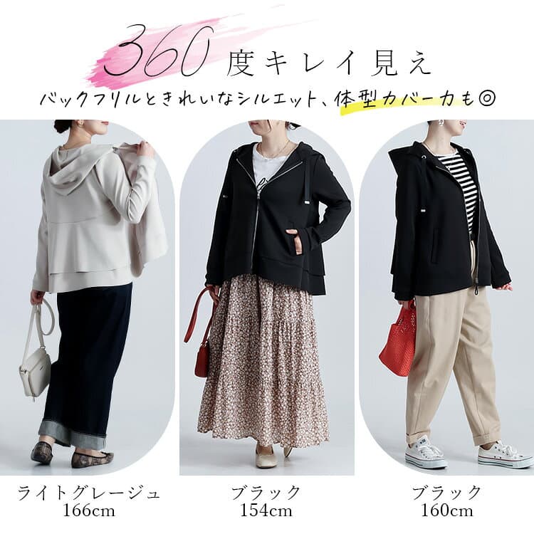 【最大2,000円OFF、新作12％OFFクーポン】【黒が残り僅か/楽天1位】 きれいめフレアパーカー M L 洗える 長袖 レディースファッション アウター ジャケット パーカー ストレッチ ダンボールニット 体型カバー フリル 春夏秋 2631 【送料無料/再入荷/メt60】 thumbnail 3