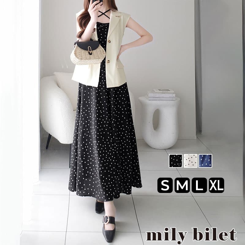 【10/9 1:59まで まとめ買いクーポン2点以上で 5％OFF 】 【mily bilet】【2点セット】 ノースリジャケット ワンピース 春 きれいめ レディース 上品さと抜け感 ドット キャミワンピ ノースリーブ ジャケット セット 大きいサイズ 春 夏 2026ss クラシカルエルフ mi1139100