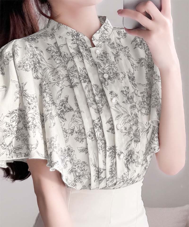 【10/9 1:59まで まとめ買いクーポン2点以上で 5％OFF 】 【mily bilet】 トップス ブラウス オフィス 半袖 レディース きれいめ 花柄 レトロ フロント ピンタック フレアスリーブ ウエストゴムフレア袖 シャツ 大きいサイズ 春 夏 クラシカルエルフ mi1139026