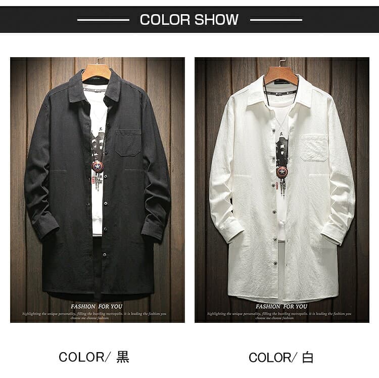ロングシャツ メンズ レディース カジュアル シャツ メンズシャツ 長袖 長丈 無地シャツ 綿麻シャツ ロング丈 シャツコート トップス レギュラーカラー ストリート ロング丈長袖シャツ カジュアルシャツ ルームウェア 羽織り おしゃれ 秋服 春服 春 thumbnail 3