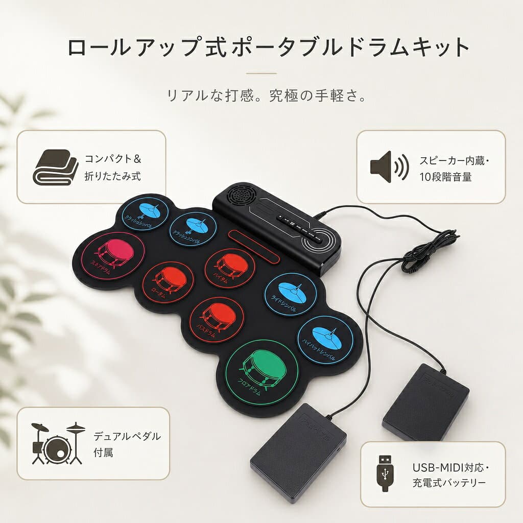 電子ドラムセット 9パッド ロールアップ ポータブル シリコンドラム 内蔵スピーカー ヘッドフォンジャック USB MIDI デモ曲8曲 初心者向け デュアルペダル 電子パッド 練習用 自宅練習 防音 軽量 収納 便利 人気 おしゃれ 楽器 ギフト プレゼント 子ども 大人 thumbnail 3