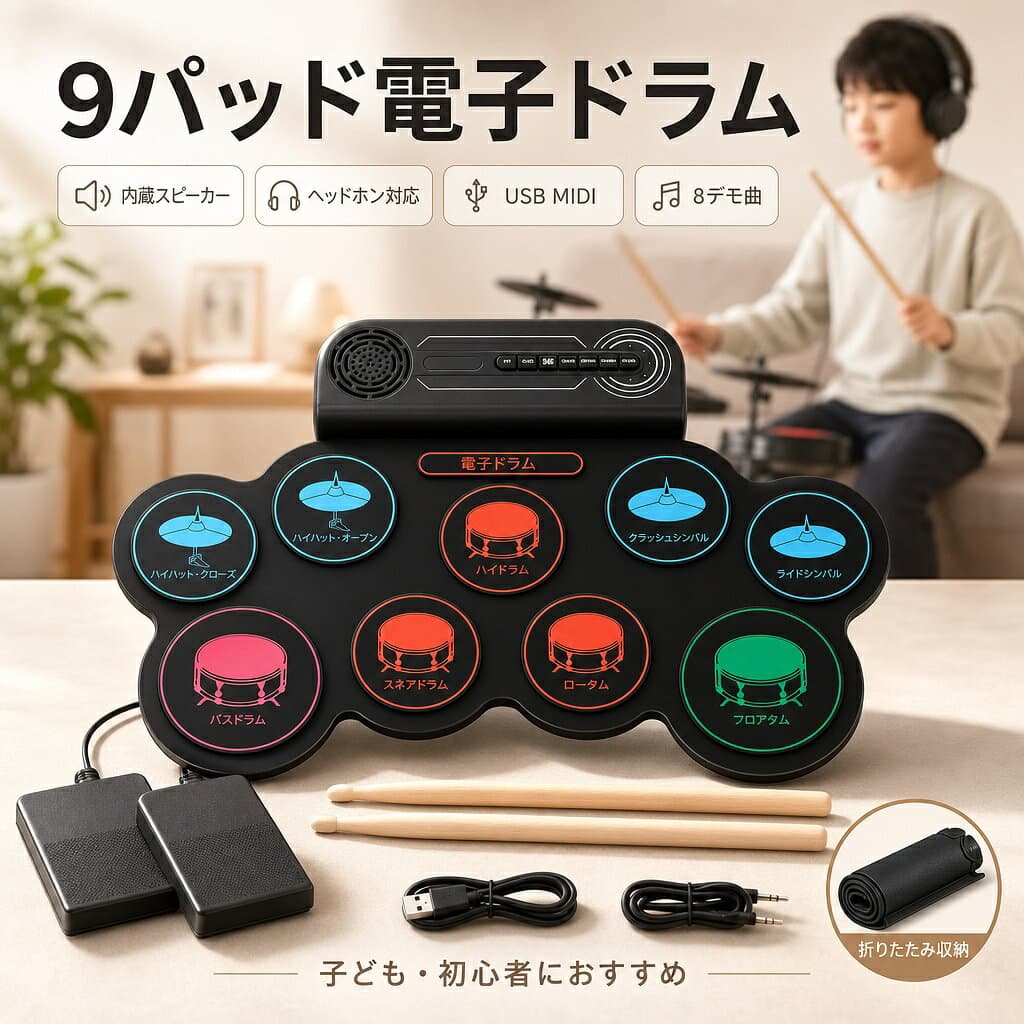 電子ドラムセット 9パッド ロールアップ ポータブル シリコンドラム 内蔵スピーカー ヘッドフォンジャック USB MIDI デモ曲8曲 初心者向け デュアルペダル 電子パッド 練習用 自宅練習 防音 軽量 収納 便利 人気 おしゃれ 楽器 ギフト プレゼント 子ども 大人