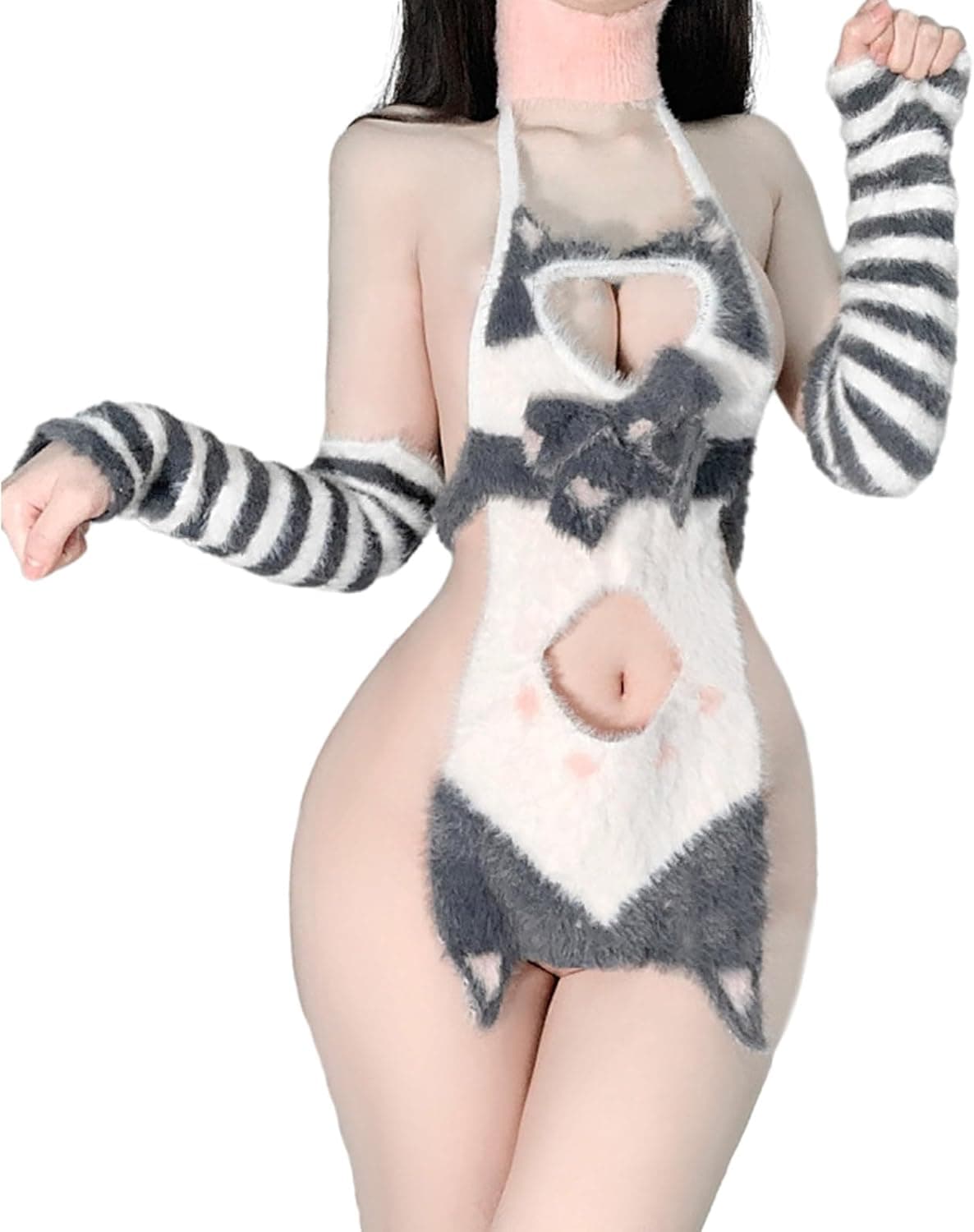 レディースガールズアニメランジェリーセットセクシーな猫衣装メイド衣装かわいい中空ハートワンピースボディスーツ