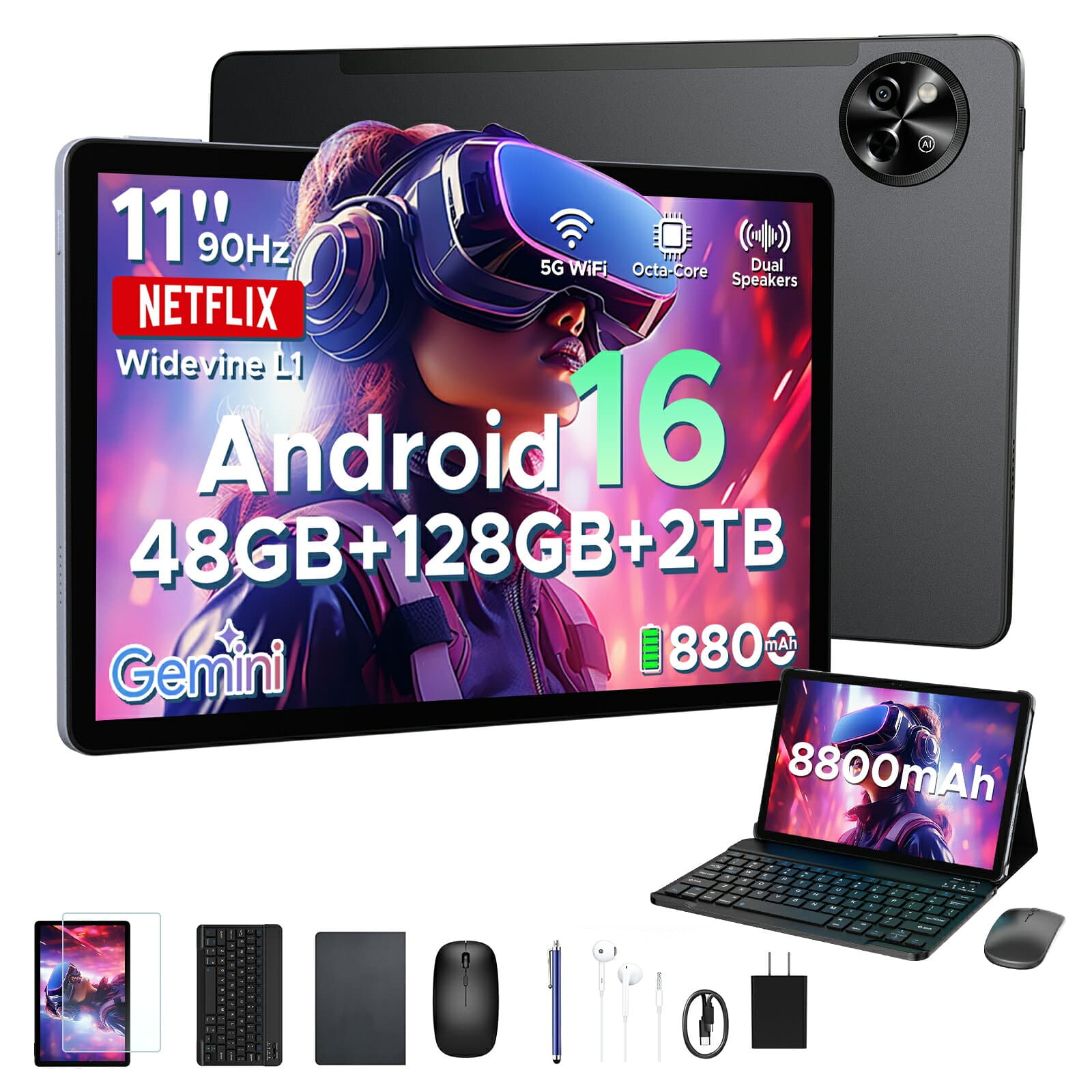 POCKAM P11 Android16 タブレット 11インチ 大画面 WidevineL1 Gemini AI機能 8コア CPU 48GB RAM+128GB ROM+2TB拡張可 FHD+解像度 90Hz 8800mAh 大容量バッテリー Widevine L1 NETFLIX wi-fiモデル タブレット11インチ以上 11インチタブレット