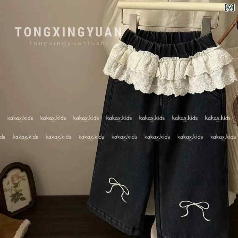 子供服 ジーンズ 女児 デニムパンツ 秋冬 韓国風 花柄 レース リボン 刺繍 裏起毛 接触冷感 伸縮性 90 100 110 120 130 140