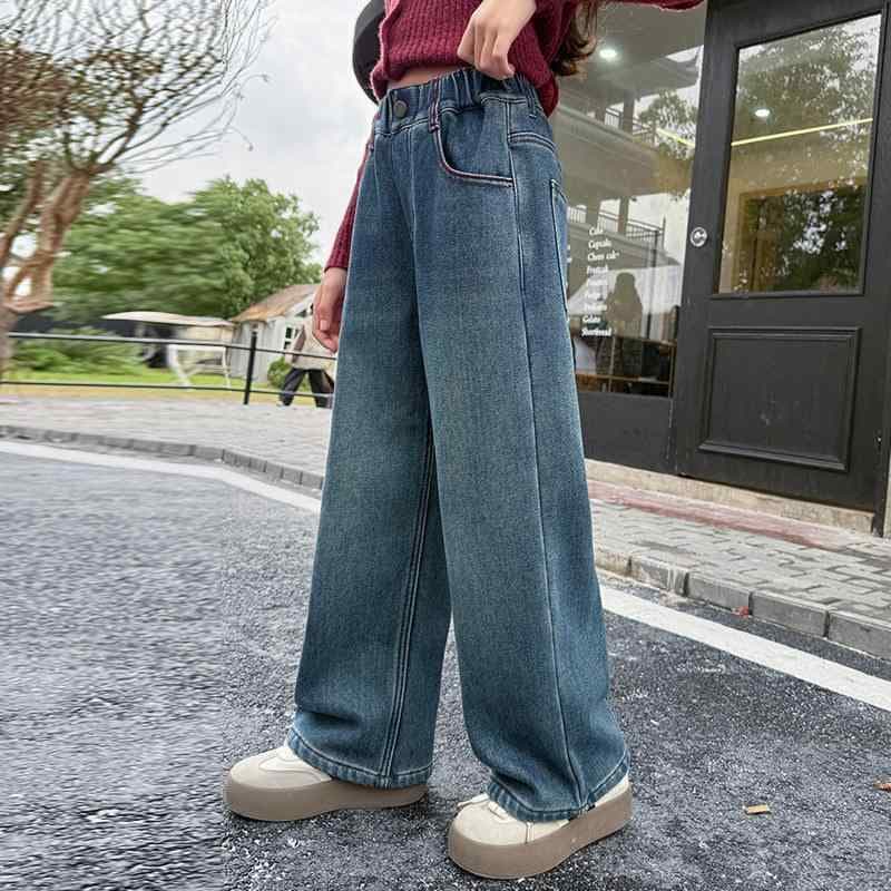 子供服 デニムパンツ 女の子 ワイドレッグパンツ 裏起毛 秋冬 高学年 ジュニア ロングパンツ 女児 ガールズ 普段着 デイリーウェア ジーパン ジーンズ ズボン ボトムス 春秋 冬 120 130 140 150 160 170