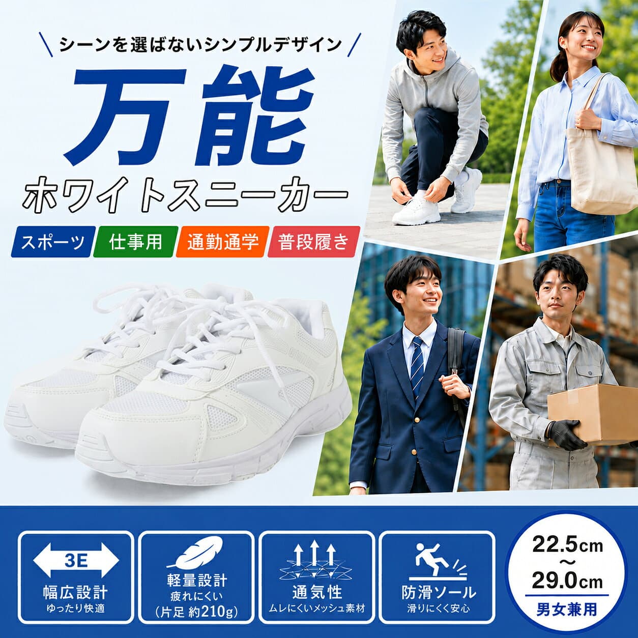 ホワイト スニーカー 白 運動靴 体育館シューズ スクールシューズ ランニングシューズ 作業靴 軽量 幅広 防滑底 通学 通勤 シンプル コンフォート 蒸れにくい メッシュ素材 歩きやすい 小学生 中学生 高校生 男女兼用 メンズ キッズ レディース 22.5cm ～ 29.0cm em_16249