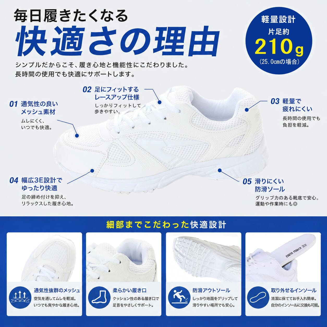 ホワイト スニーカー 白 運動靴 体育館シューズ スクールシューズ ランニングシューズ 作業靴 軽量 幅広 防滑底 通学 通勤 シンプル コンフォート 蒸れにくい メッシュ素材 歩きやすい 小学生 中学生 高校生 男女兼用 メンズ キッズ レディース 22.5cm ～ 29.0cm em_16249 thumbnail 2