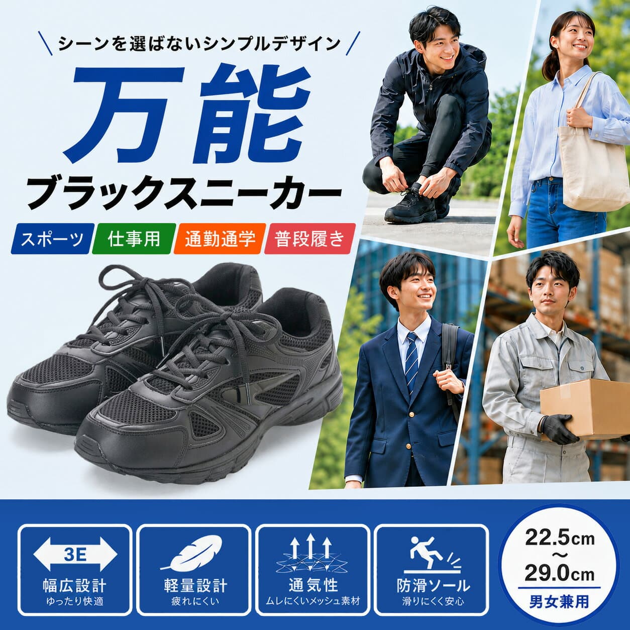 ブラック スニーカー 黒 運動靴 体育館シューズ スクールシューズ ランニングシューズ 作業靴 軽量 幅広 防滑底 通学 通勤 シンプル コンフォート 蒸れにくい メッシュ素材 歩きやすい 小学生 中学生 高校生 男女兼用 メンズ キッズ レディース 22.5cm ～ 29.0cm em_16548