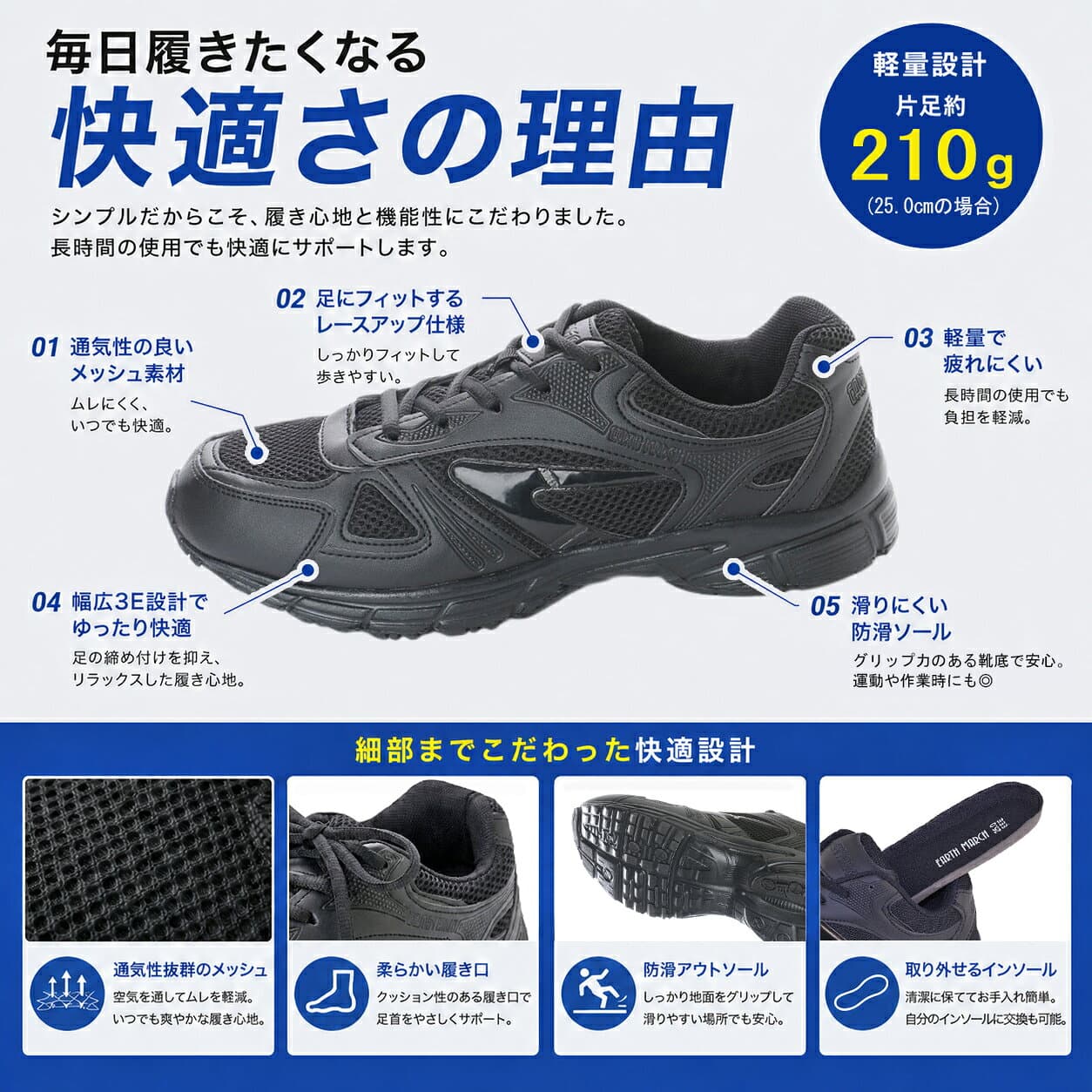 ブラック スニーカー 黒 運動靴 体育館シューズ スクールシューズ ランニングシューズ 作業靴 軽量 幅広 防滑底 通学 通勤 シンプル コンフォート 蒸れにくい メッシュ素材 歩きやすい 小学生 中学生 高校生 男女兼用 メンズ キッズ レディース 22.5cm ～ 29.0cm em_16548 thumbnail 2