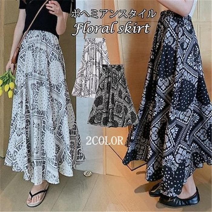 ペイズリー柄 プリントスカート パネル柄 ロングスカートマキシスカート フレアスカート Aライン 体型カバー 夏 涼しい