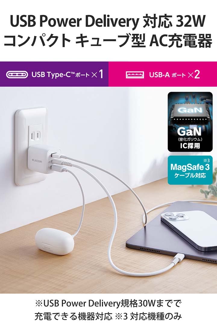 【お買い物マラソン 連動ポイントアップ】エレコム 充電器 type-c Type-C 3ポート USB-C×1 USB-A×2 32W USB PD対応 折りたたみ式プラグ GaN採用 【 iPhone/iPad/Macbook Air など対応】 ホワイト EC-AC4032WH thumbnail 3