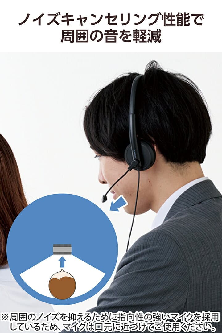 エレコム 有線ヘッドセット 小型 指向性マイク ノイズキャンセリング　小型ヘッドセット　USB-A 指向性 マイク 1.8m ブラック ELECOM HS-HP06SUBK thumbnail 2