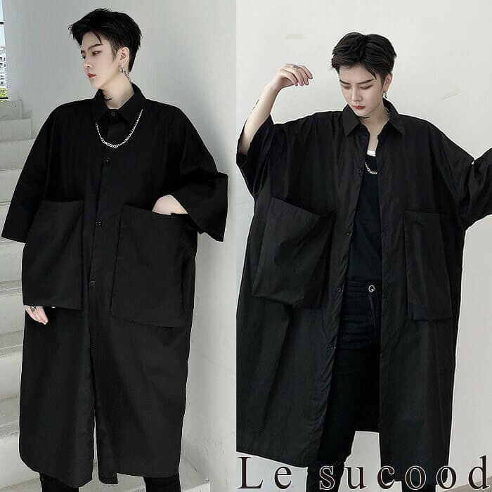 【Le sucood】 ビッグポケットロングシャツ ロングワンピ シャツワンピ ビッグシャツ ビッグシルエット オーバーサイズ ゆったり ドロップショルダー 七分袖 半袖 ロング丈 羽織り 無地 モノトーン メンズ モード系 ストリート系 原宿系