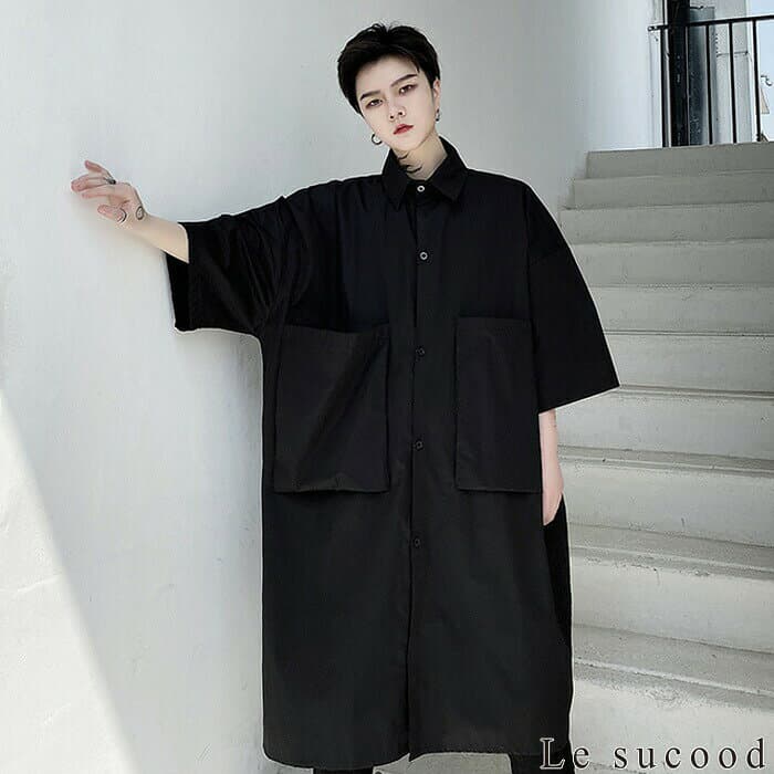 【Le sucood】 ビッグポケットロングシャツ ロングワンピ シャツワンピ ビッグシャツ ビッグシルエット オーバーサイズ ゆったり ドロップショルダー 七分袖 半袖 ロング丈 羽織り 無地 モノトーン メンズ モード系 ストリート系 原宿系 thumbnail 2