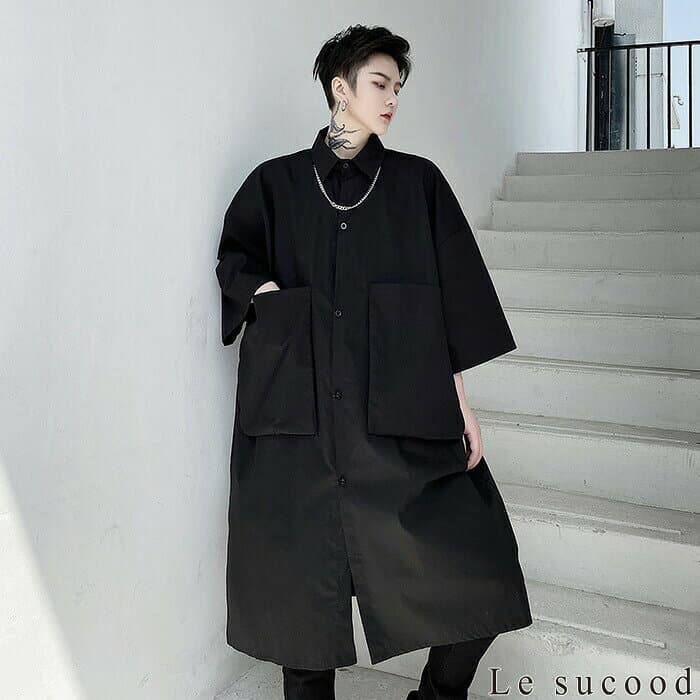 【Le sucood】 ビッグポケットロングシャツ ロングワンピ シャツワンピ ビッグシャツ ビッグシルエット オーバーサイズ ゆったり ドロップショルダー 七分袖 半袖 ロング丈 羽織り 無地 モノトーン メンズ モード系 ストリート系 原宿系 thumbnail 3