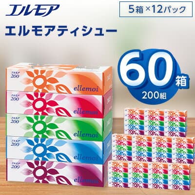 【ふるさと納税】エルモアティシュー200組5箱×12パック(60箱)【離島・沖縄県不可】_ ティッシュ ティッシュペーパー 日用品 消耗品 まとめ買い 常備品 生活用品 ボックスティッシュ 【配送不可地域：離島・沖縄県】【1240613】