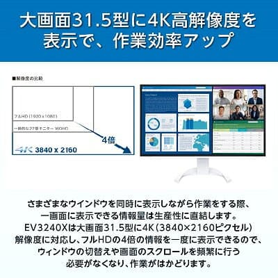 【ふるさと納税】【国内生産】EIZO 31.5型4K液晶モニター FlexScan EV3240X ホワイト_ 液晶 モニター パソコン pcモニター ゲーミングモニター USB Type-C 【1402136】 thumbnail 2